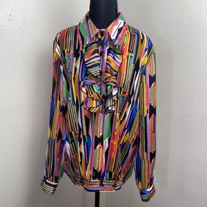 Vintage‎ Jordana Blouse Women's Large Multicolor Geometric Sheer Ruffle Artsy